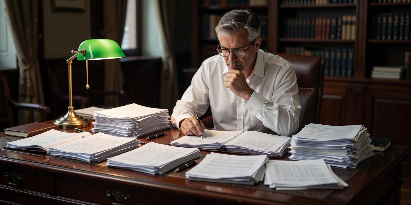 A person reviewing legal documents at a wooden desk