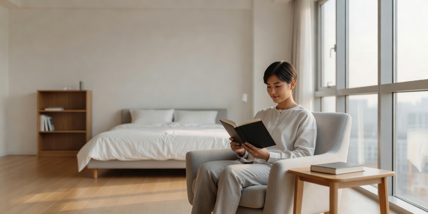 A person sitting near a bright window in a clean studio apartment reading a book