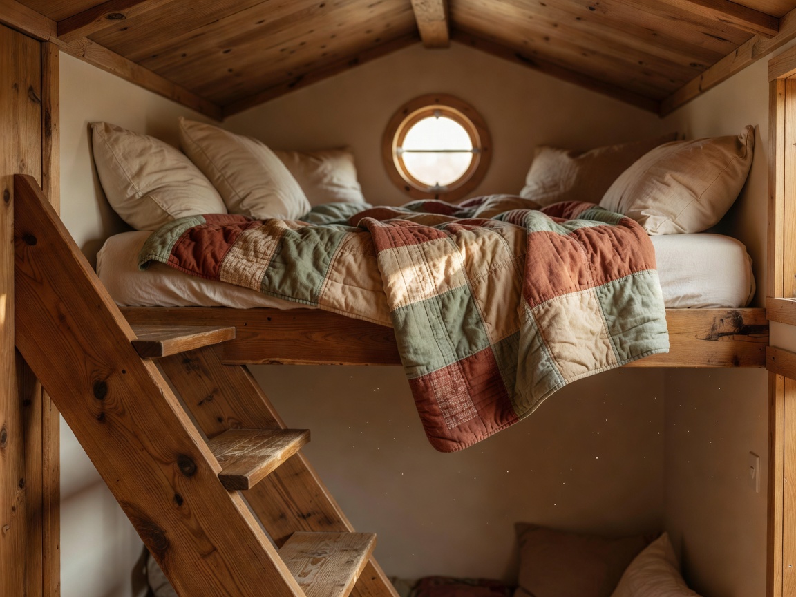 A cozy sleeping loft in a tiny house accessed by wooden stairs